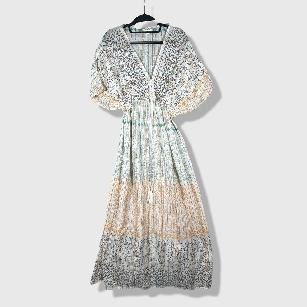 World Market Maxi Dress Womens S/M White Boho Lurex Stripe Geometric Kaftan